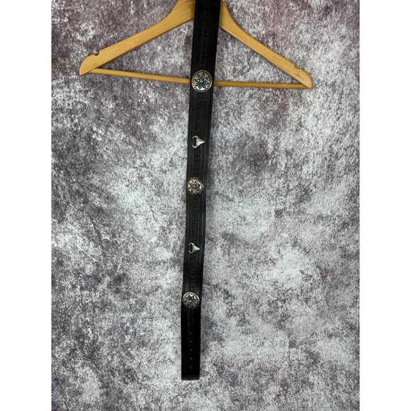 Leather Belt Silver womens M 34"L Black Buckle Bull Conchos Turquoise Western - Picture 5 of 14